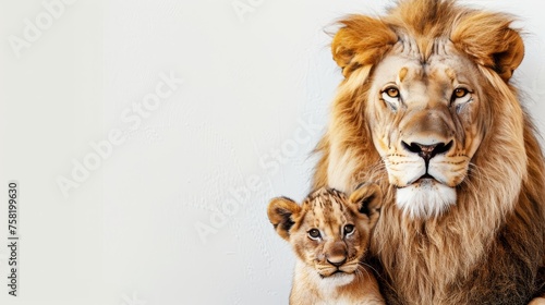 Male lion and cub portrait with space for text, object on right side, ideal for adding text © Ilja