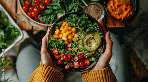 A person is holding a bowl of food that contains a variety of vegetables and fruits. The bowl is placed on a table, and there are other bowls and plates of food around it photo