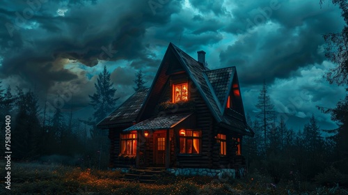 A small house with a porch and a window. The house is surrounded by trees and the sky is cloudy