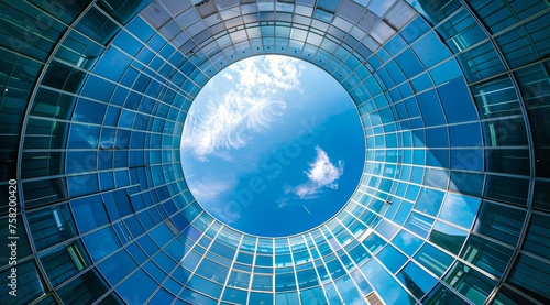 A blue building with a large circular window. The sky is blue and there are clouds in the background © Kowit