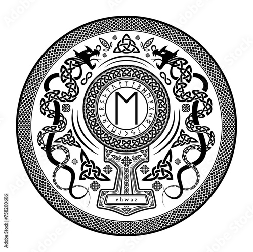 Ehwaz Rune Shield: Vector Illustration with Norse Pagan Seal Design, Dragon Motifs, and Mjolnir Thor's Hammer Incorporation