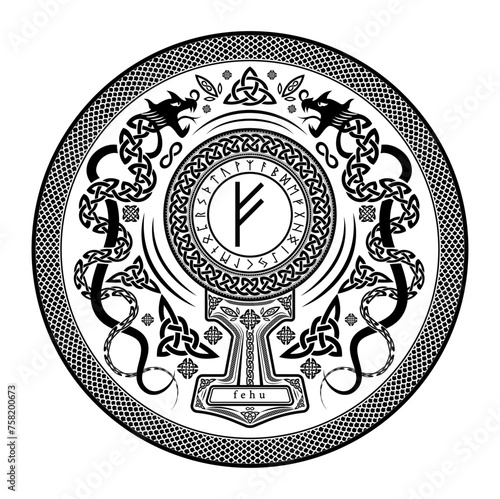 Fehu Wealth Rune Shield: Vector Illustration with Norse Pagan Seal Design, Dragon Motifs, and Mjolnir Thor's Hammer Incorporation