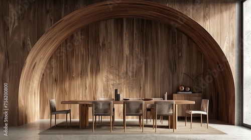 Modern dining oasis: where sleek design curves meet organic wood warmth.