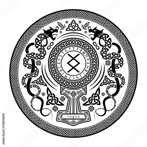 Inguz Rune Shield: Vector Illustration with Norse Pagan Seal Design, Dragon Motifs, and Mjolnir Thor's Hammer Incorporation