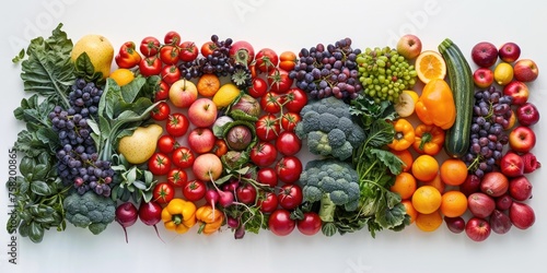 Fruits and vegetables tastefully placed on a white backdrop. Generative Ai