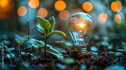 A light bulb is glowing in the dirt next to a plant. Concept of growth and life, as the light bulb represents the potential for new growth © Kowit