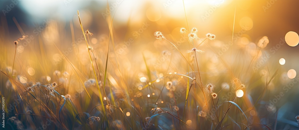Tranquil Field of Sunlit Grass Glowing in Nature's Radiance with Serene Beauty - obrazy, fototapety, plakaty 