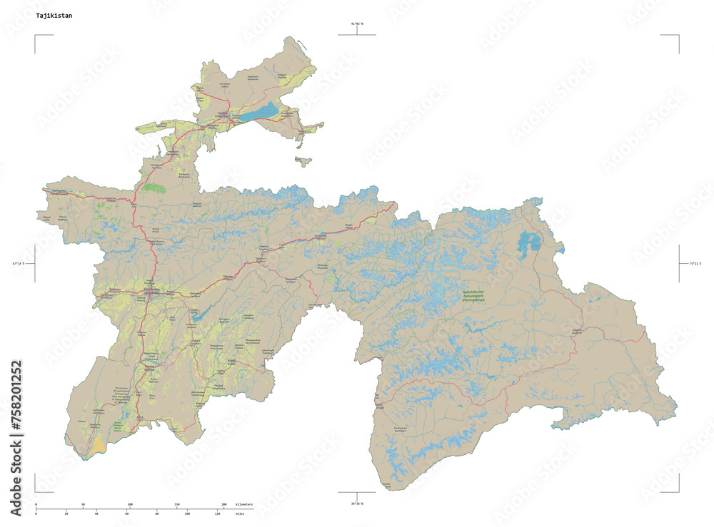 Obraz premium Tajikistan shape isolated on white. OSM Topographic German style map
