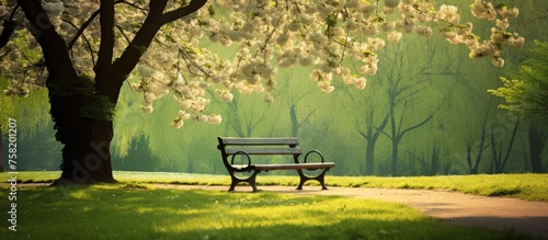 Serene Bench Resting Under Lush Green Canopy in Peaceful Park Landscape photo