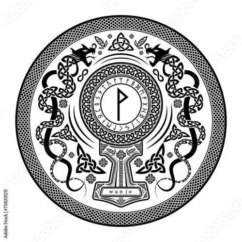 Wunjo Rune Shield: Vector Illustration with Norse Pagan Seal Design, Dragon Motifs, and Mjolnir Thor's Hammer Incorporation