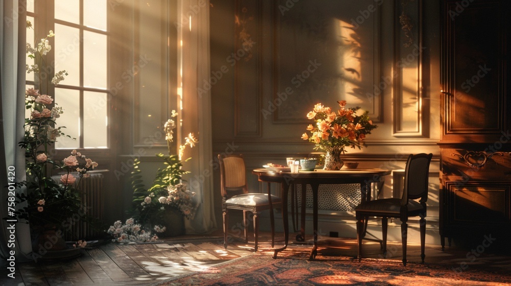 a room with a table and chairs, flowers and candles, in the style of rim light, bec winnel, award-winning, tondo, alfred heber hutty, li chevalier, atmospheric lighting - obrazy, fototapety, plakaty 
