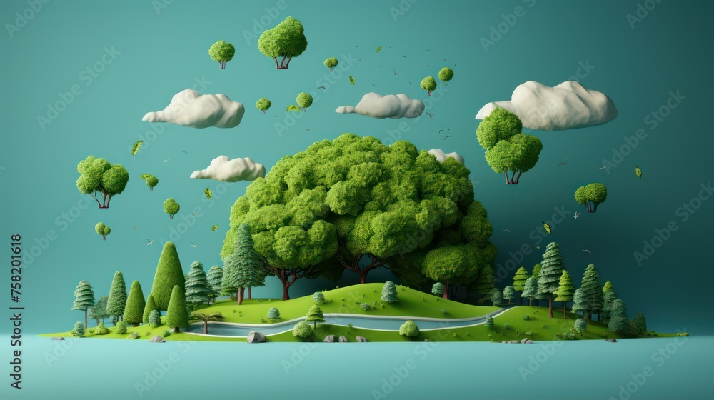 Conceptual image of green forest with trees and clouds in the sky