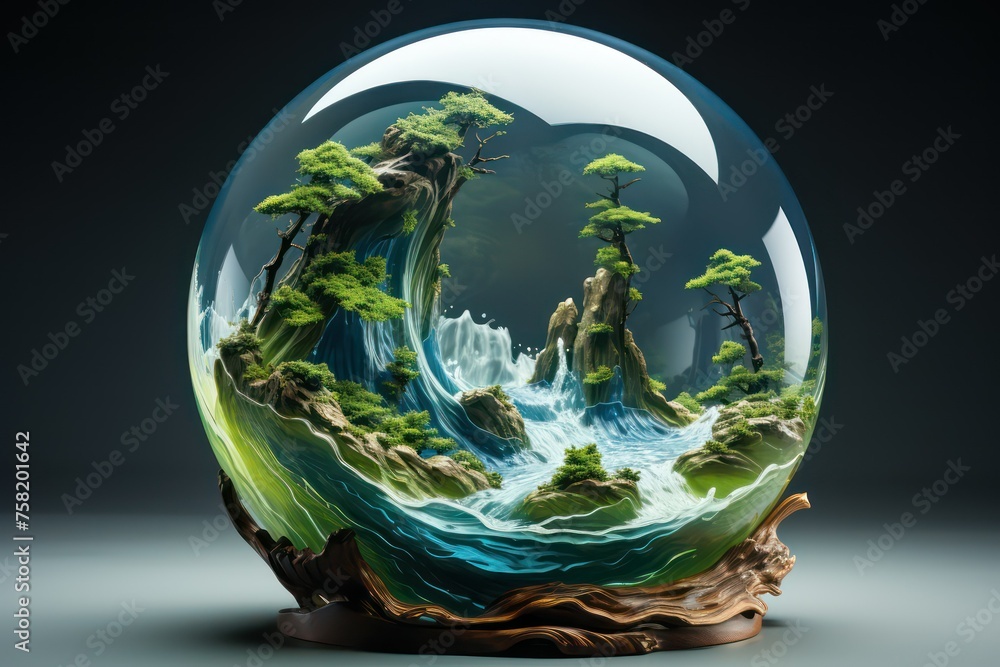 Fantasy landscape inside a glass sphere on a dark background.