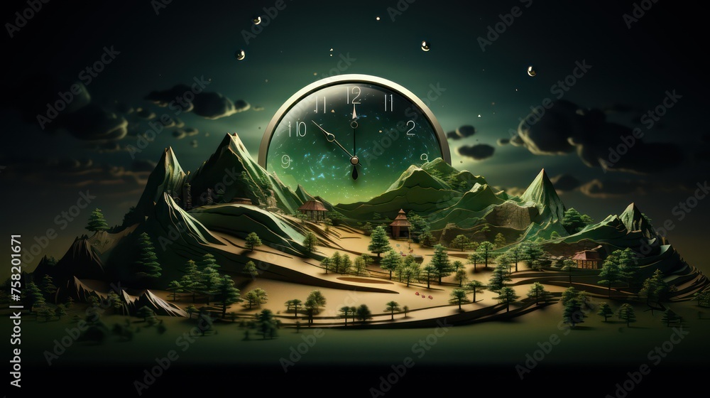 Fantasy shinning clock behind the mountains