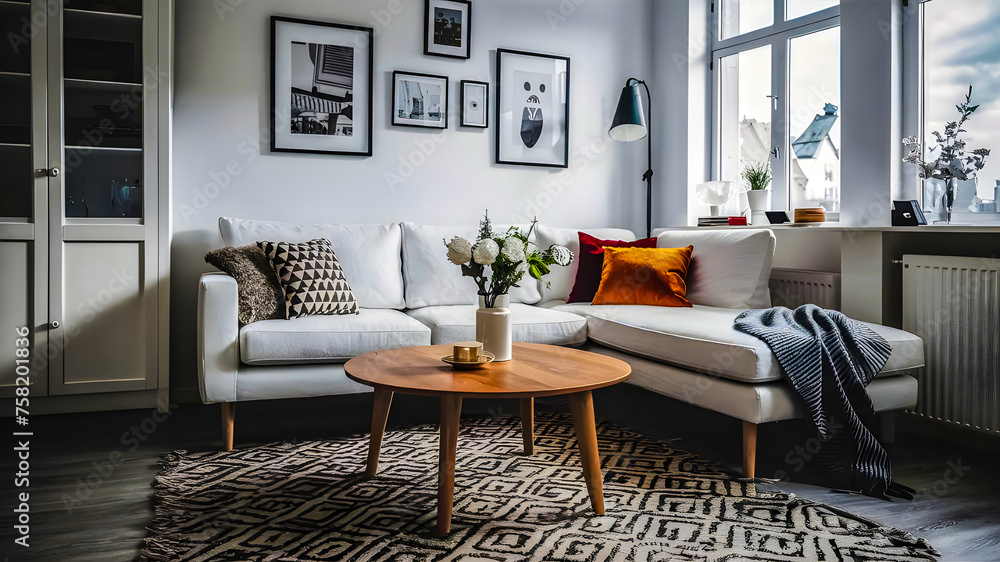 Boho interior design of modern living room, home. Rustic round wood coffee table against white sofa.