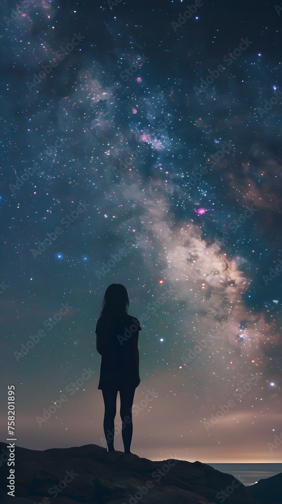 Girl Standing on an Alien Planet, Gazing at the Starry Sky Filled with Galaxies - Space Art Wallpaper