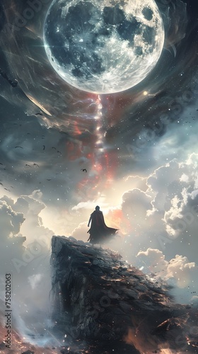 Luhhans Epic Fantasy Man in Cape Surveys Celestial Chinese Mountain Landscape