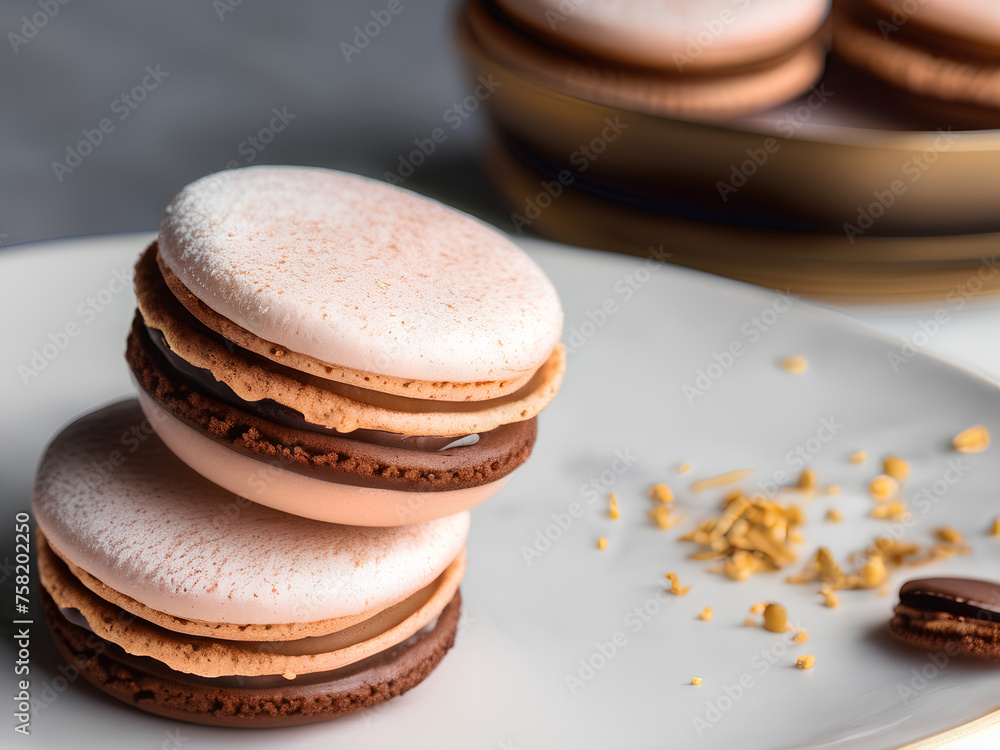Close-up photograph of brown macarons, showcasing their delicate texture and elegant appearance, with ample space available for text, perfect for highlighting the luxurious flavor and refined present Close-up photograph of brown macarons, showcasing their delicate texture and elegant appearance, with ample space available for text, perfect for highlighting the luxurious flavor and refined present
