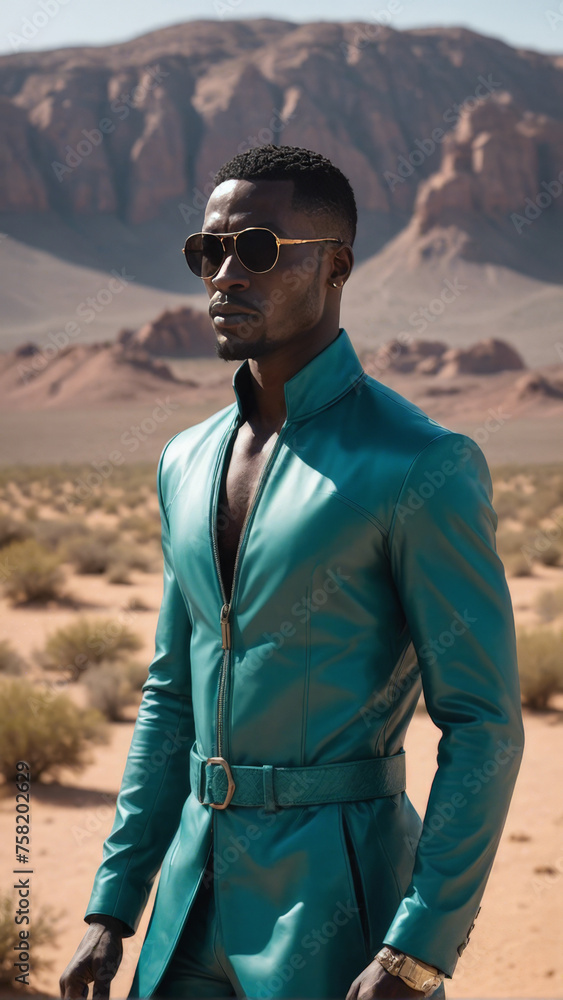 A high-fashion shot featuring an african american male model in turquiose outfit avant-garde futuristic design. Desert landscape as a background. A high-fashion shot featuring an african american male model in turquiose outfit avant-garde futuristic design. Desert landscape as a background.