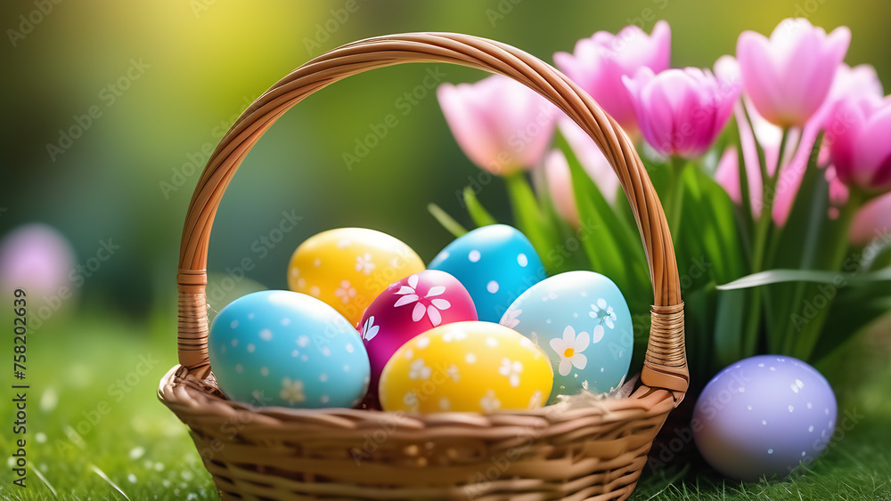 Beautiful colored Easter eggs with ornaments in basket on the grass on blurred background of garden