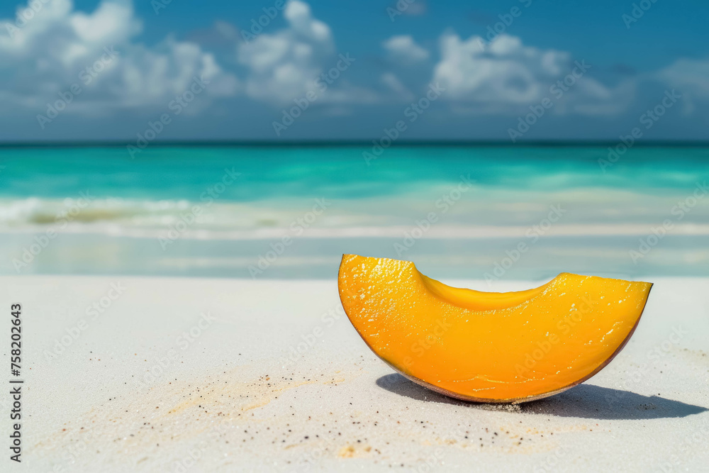 Delicious Mango Slice On The Beach. White Beach And Summer Background. Fruits For Summer Season