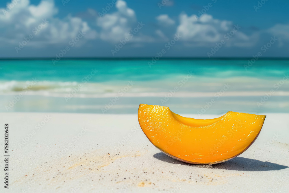 Delicious Mango Slice On The Beach. White Beach And Summer Background. Fruits For Summer Season Delicious Mango Slice On The Beach. White Beach And Summer Background. Fruits For Summer Season