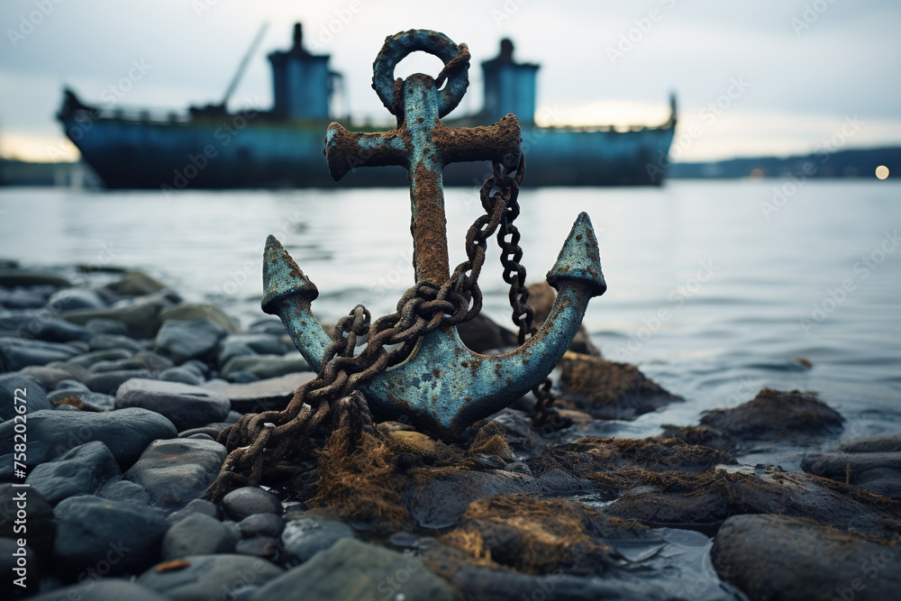 Fototapeta premium An old rusty anchor lies on the pebble shore. Generated by artificial intelligence