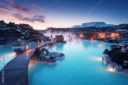 Beautiful blue lagoon in the evening. Generated by artificial intelligence photo