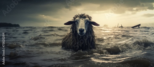 Curious Sheep Wades Through Refreshing Clear Water in a Tranquil Countryside Setting