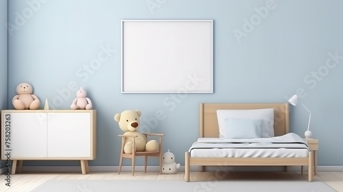 Kid's Room Interior with Bed, Chair, and Blank Poster