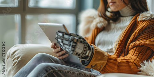 Cropped view of a woman with prosthesis arm typing while reading electronic book on digital tablet. ai generated © dark_blade