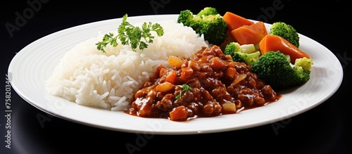 Vibrant Plate of Nutritious Food featuring Steamed Rice, Broccoli, and Fresh Vegetables © Gular