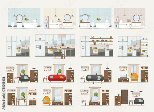 set with interiors, kitchen, bathroom, living room and bedroom, flat vector illustration of rooms with equipment