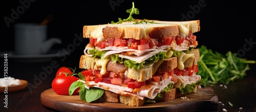 Delectable Deli Sandwich with Savory Meat, Melted Cheese, and Fresh Tomatoes