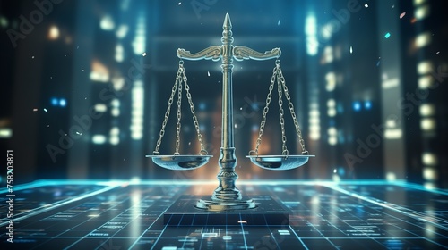 Law Scales on Background of Data Center: Digital Justice Concept

