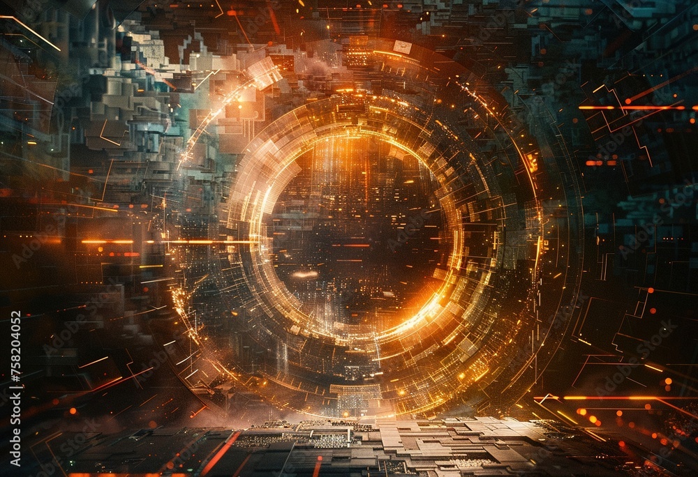 Obraz premium digital artwork depicting a portal in the shape of a glowing circle, opening up to a vast and unknown technological dimension.