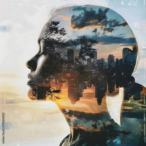 Double Exposure Photo of a Woman with a Big City Background generative ai