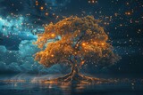 dreamlike scene of a giant tree with luminous branches reaching across the world