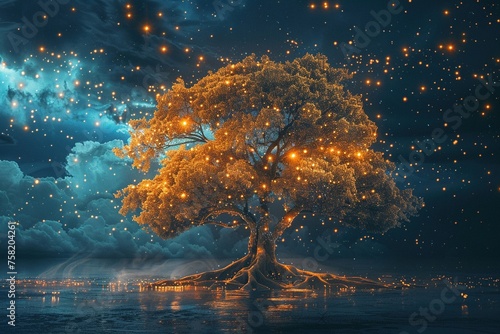 dreamlike scene of a giant tree with luminous branches reaching across the world
