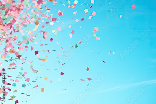 colorful confetti flying above a blue background