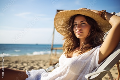 a relaxed young woman sit on beach chair 