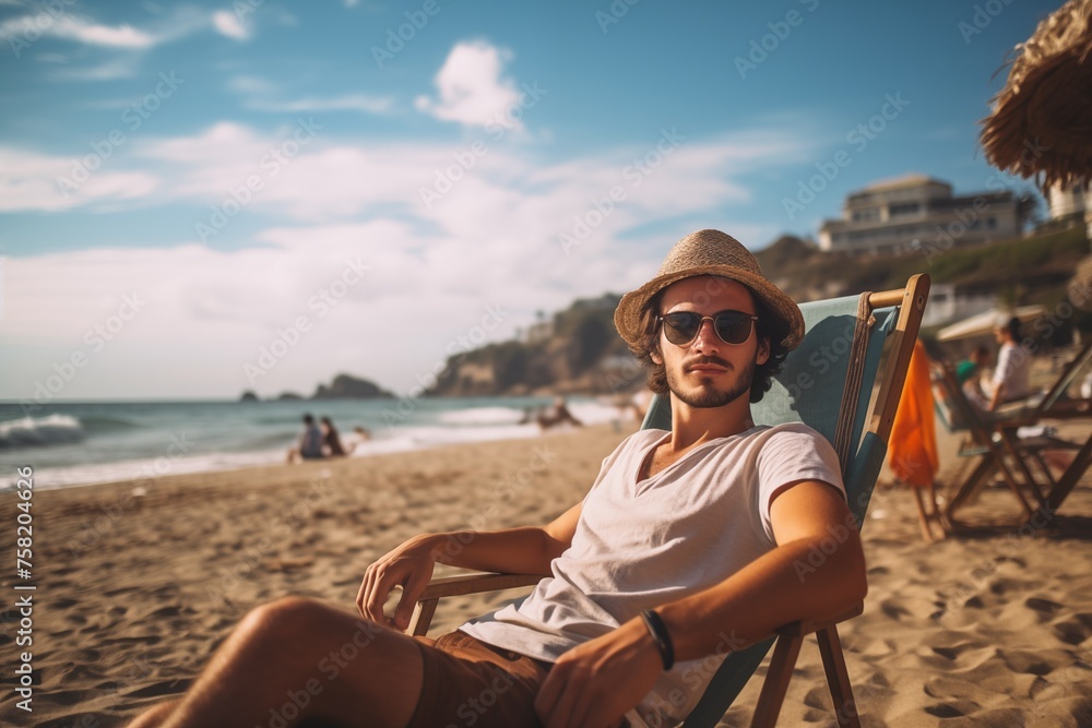 a relaxed young man sit on beach chair 