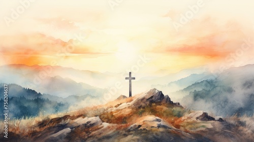 Three crosses at sunrise on the summit of the mountain. Generative Ai