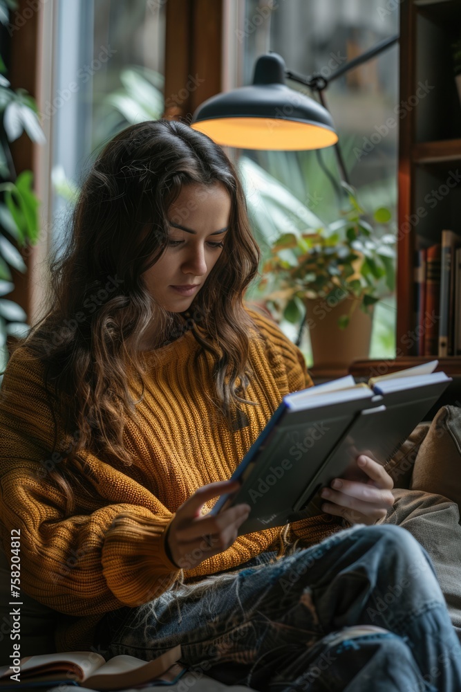 Cropped view of a woman reading a book. ai generated Cropped view of a woman reading a book. ai generated