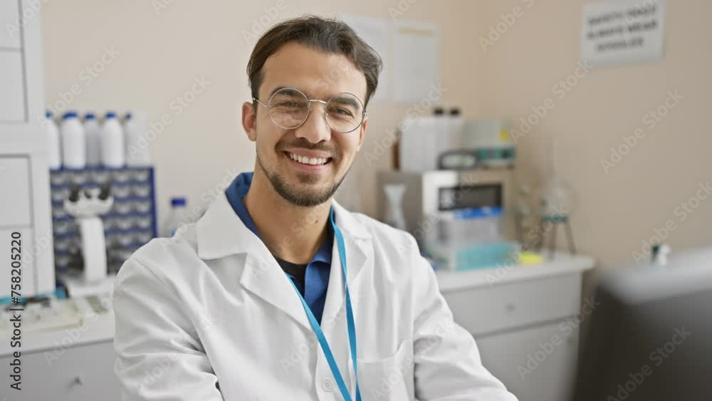 Handsome hispanic scientist smiling in a lab wearing glasses and a lab coat with equipment in the background Handsome hispanic scientist smiling in a lab wearing glasses and a lab coat with equipment in the background