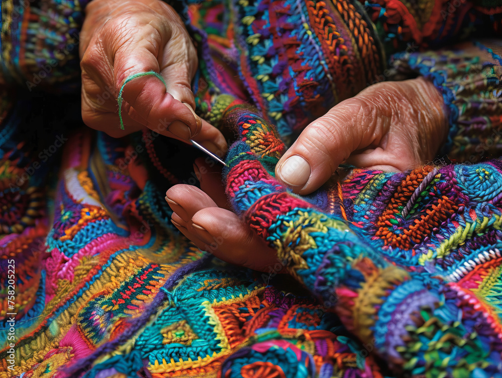 Detailed view of skilled hands engaged in knitting with vividly colored threads and patterns Detailed view of skilled hands engaged in knitting with vividly colored threads and patterns
