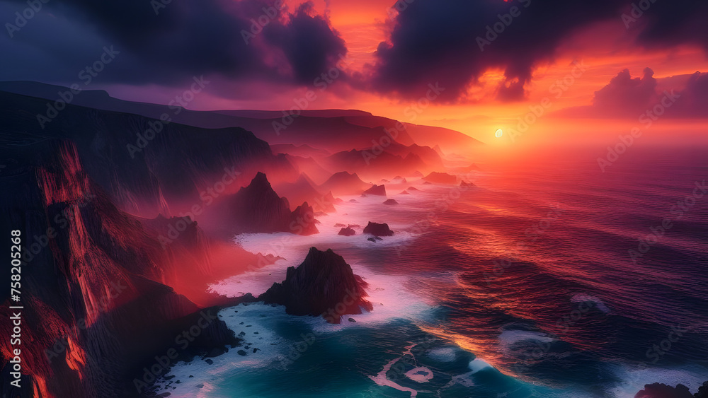 Fiery Sunset Over Turquoise Coastal Cliffs at Dusk