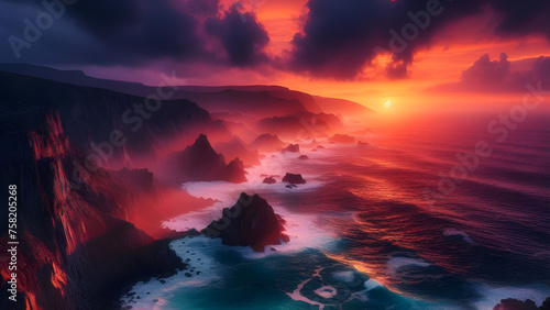 Fiery Sunset Over Turquoise Coastal Cliffs at Dusk