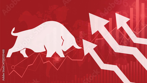 Bull run or bullish market trend in crypto currency or stocks. Trade exchange, green up arrow graph for increase in rates. Cryptocurrency price profit chart and blockchain. Global economy boom.
