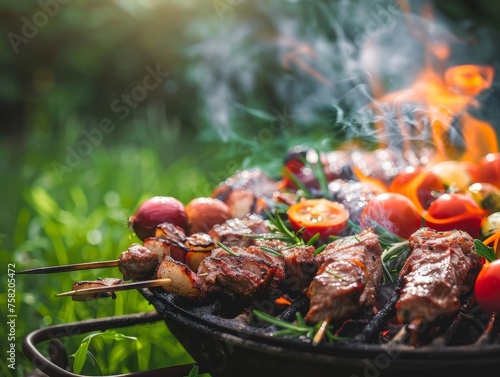 Assorted delicious grilled meat with vegetableson a barbecue photo
